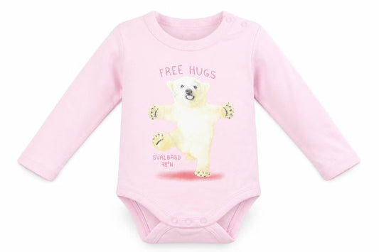 Front view of Neutral girls’ pink animal print cotton romper one-piece, months snap - polar bear free hugs pale pink