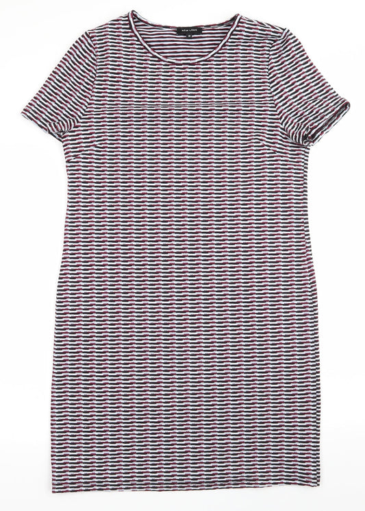 New Look Womens Multicoloured Geometric Polyester A-Line  Size 10  Round Neck Pullover - Black Blue White Burgandy Block pattern