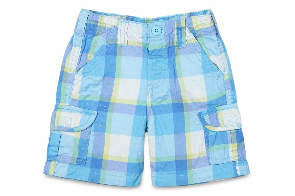 Front view of Early Days boys’ blue check cotton cropped trousers, size 12-18, months button