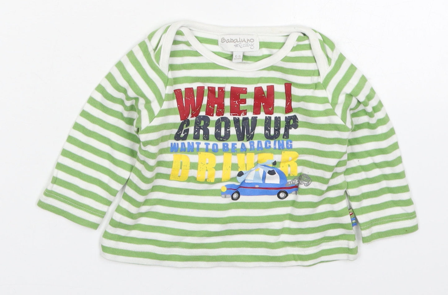 Babaluno Boys Green Striped Cotton Basic T-Shirt Size 6-9 Months Round Neck Pullover - When I Grow Up I Want to Be a Racing Driver