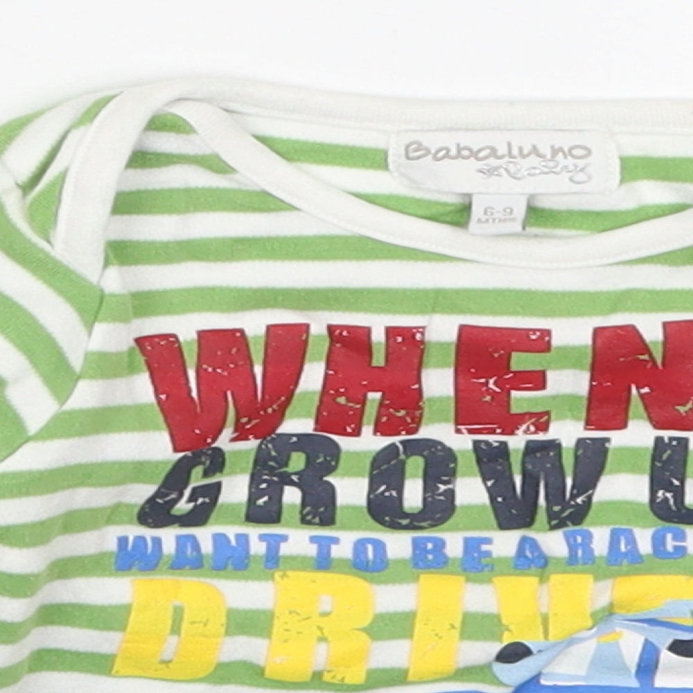 Babaluno Boys Green Striped Cotton Basic T-Shirt Size 6-9 Months Round Neck Pullover - When I Grow Up I Want to Be a Racing Driver