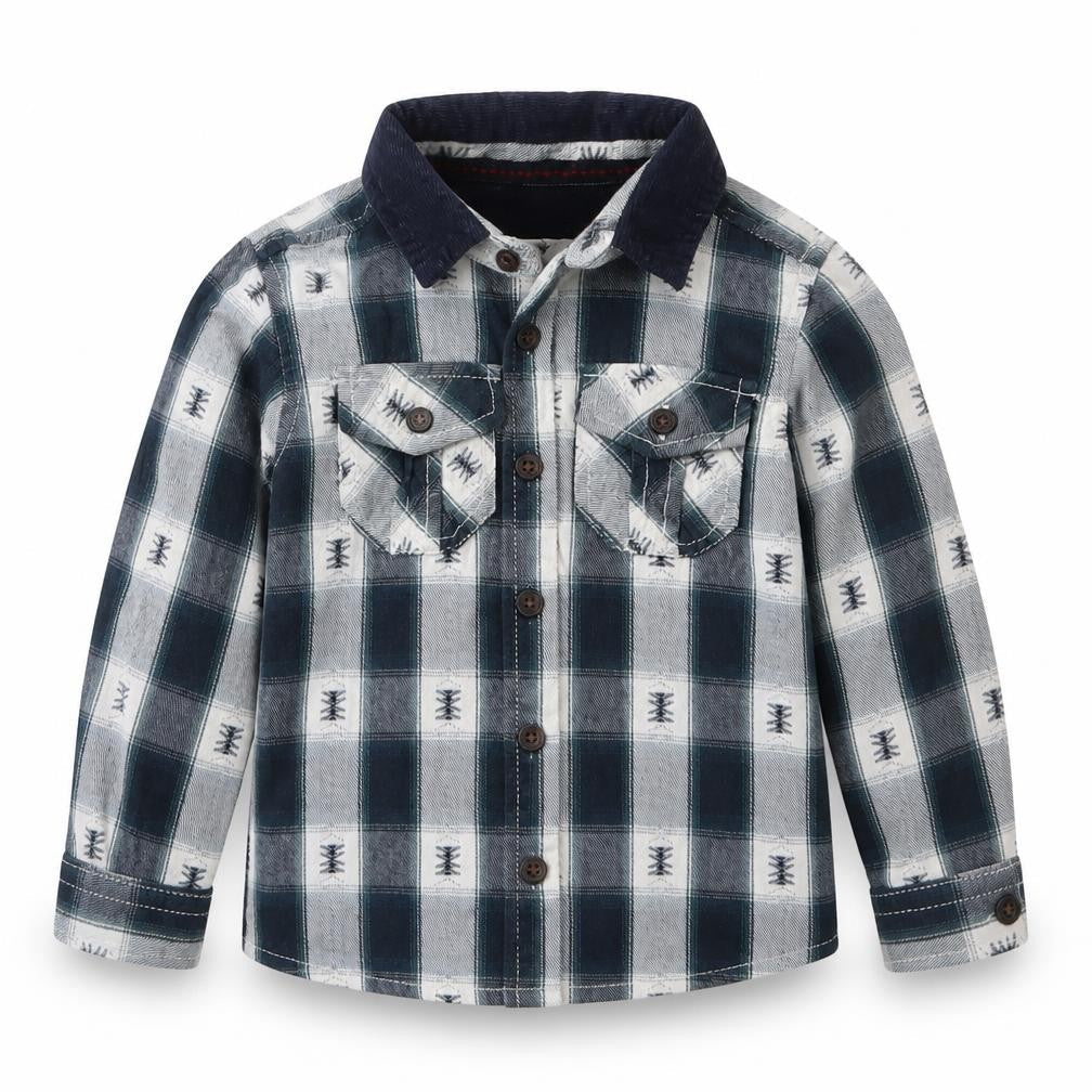 Front view of Primark boys’ blue check cotton basic button-up, size 2-3, years collared button