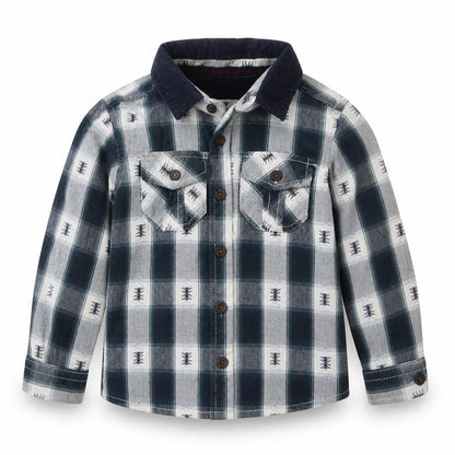 Front view of Primark boys’ blue check cotton basic button-up, size 2-3, years collared button