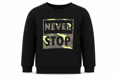 Front view of Primark boys’ black cotton pullover sweatshirt, size 5-6, years pullover - never stop