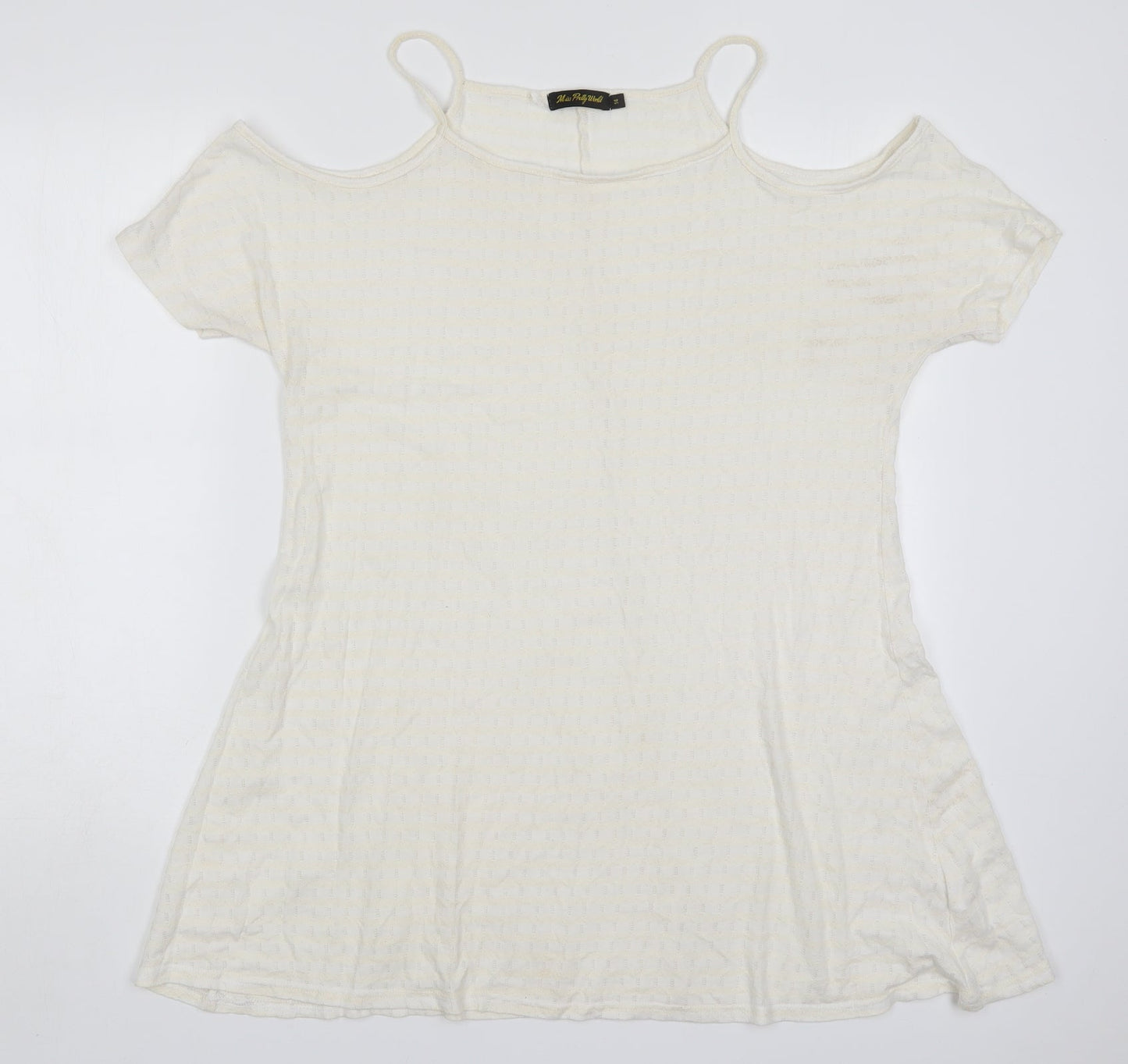 Miss Pretty World Womens Ivory Striped Polyester Basic T-Shirt Size 14 Round Neck - Cream Coloured