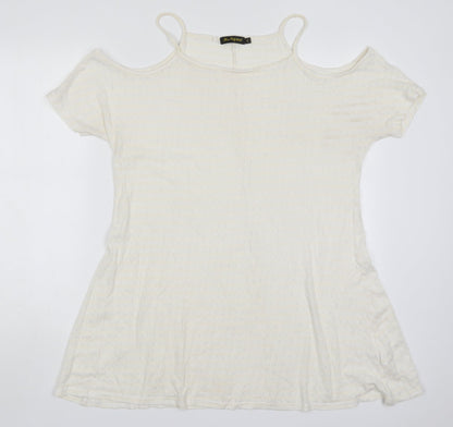 Miss Pretty World Womens Ivory Striped Polyester Basic T-Shirt Size 14 Round Neck - Cream Coloured