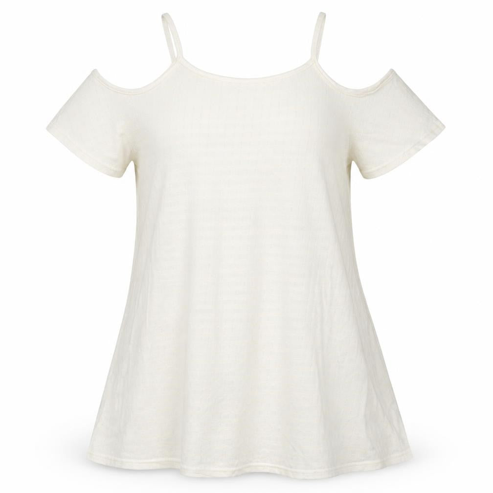 Front view of Miss Pretty World women’s ivory striped polyester basic t-shirt, size UK 14, round neck - cream coloured