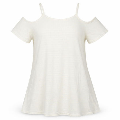 Front view of Miss Pretty World women’s ivory striped polyester basic t-shirt, size UK 14, round neck - cream coloured