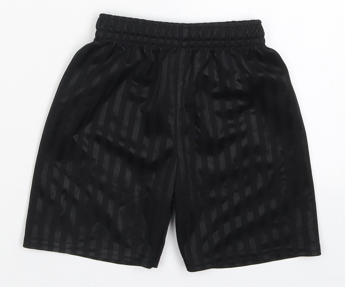 Additional front view of Preworn boys’ black striped polyester sweat shorts, size 3-4, years regular drawstring