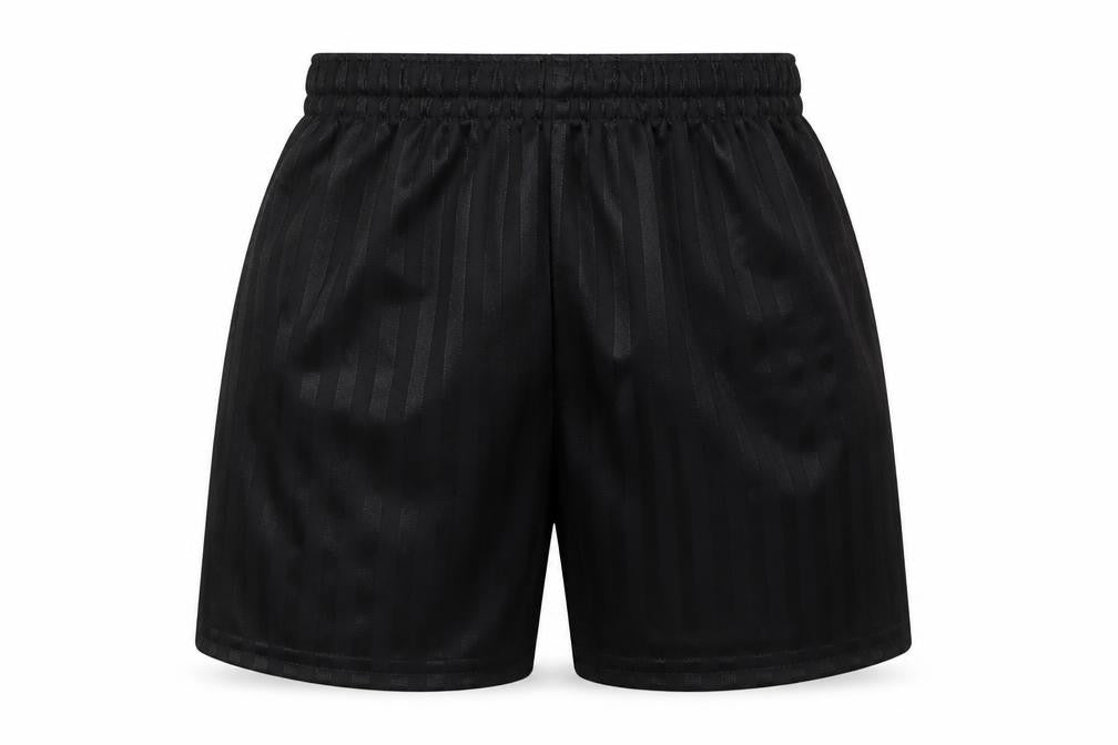 Front view of Preworn boys’ black striped polyester sweat shorts, size 3-4, years regular drawstring