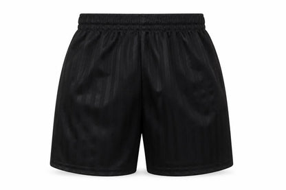 Front view of Preworn boys’ black striped polyester sweat shorts, size 3-4, years regular drawstring