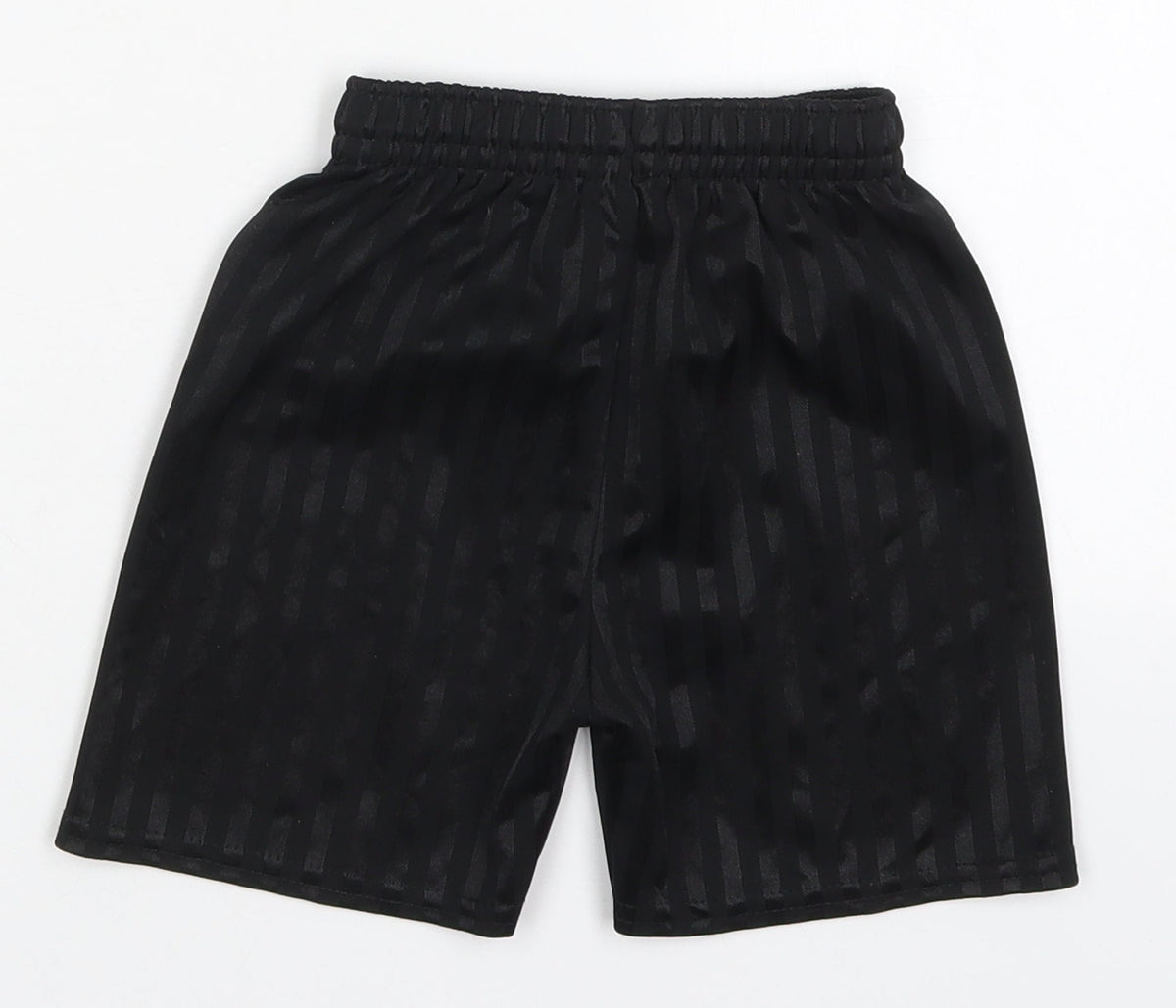 Back view of Preworn boys’ black striped polyester sweat shorts, size 3-4, years regular drawstring