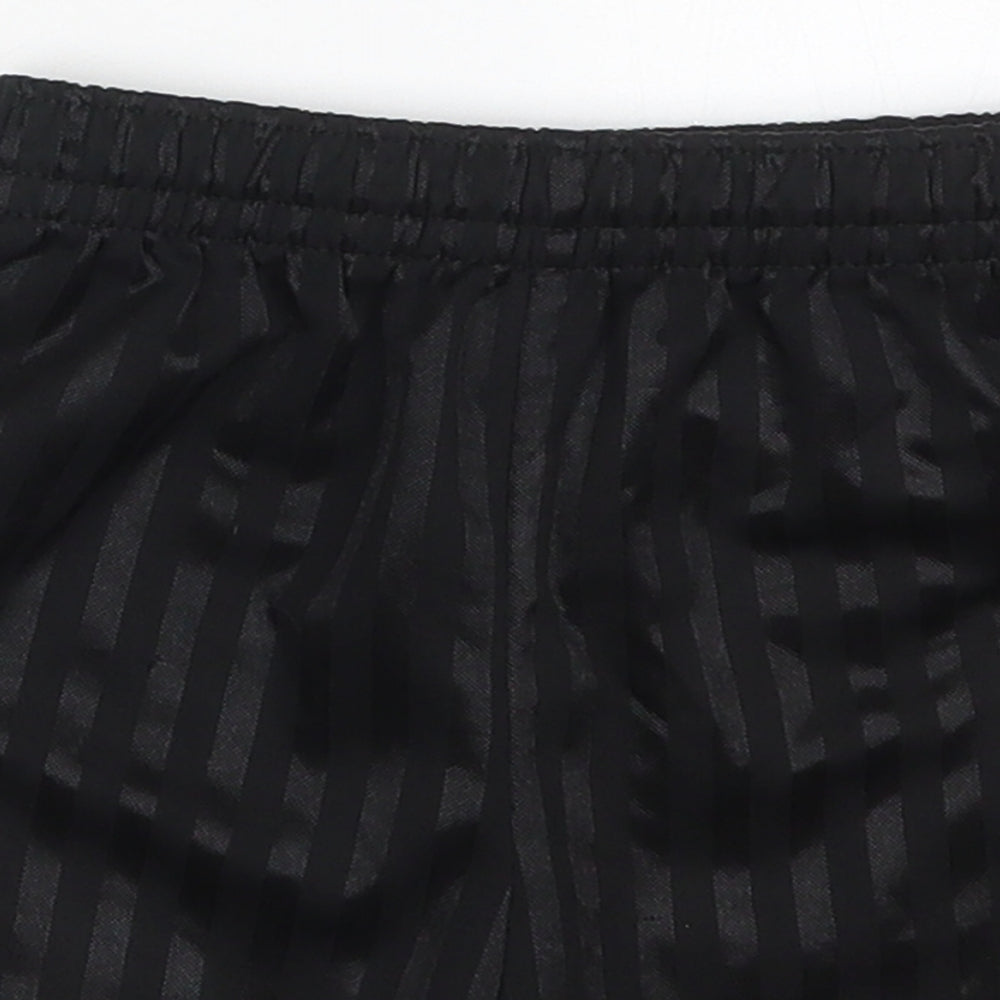 Close-up detail of Preworn boys’ black striped polyester sweat shorts, size 3-4, years regular drawstring