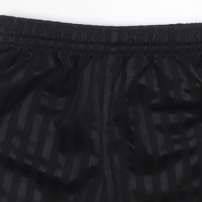 Close-up detail of Preworn boys’ black striped polyester sweat shorts, size 3-4, years regular drawstring