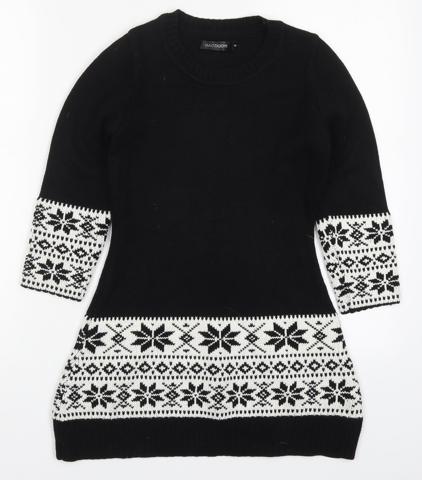 Haoduoyi Womens Black Round Neck Geometric Acrylic Pullover Jumper Size S   - Snowflake