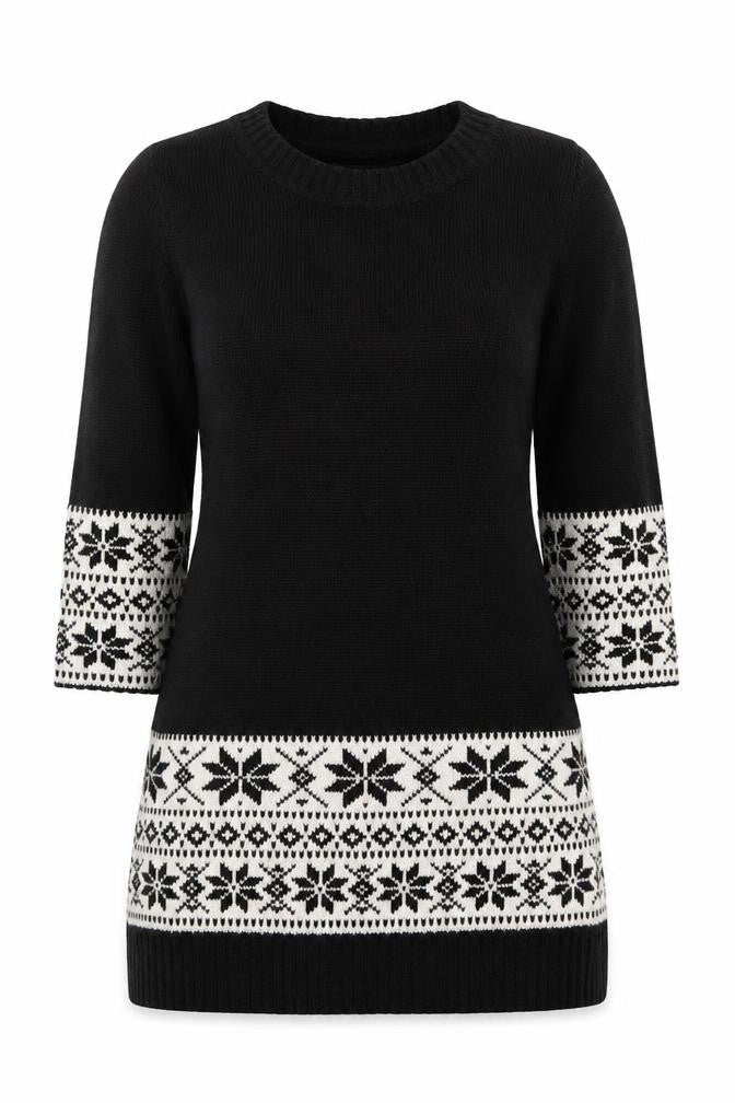 Front view of Haoduoyi women’s black round neck geometric acrylic jumper, size S, - snowflake