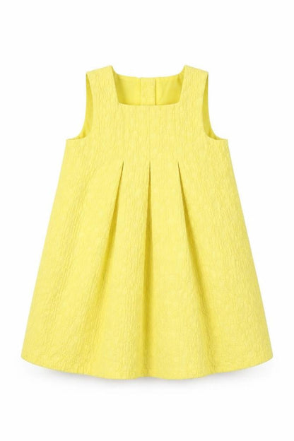 Front view of Next girls’ yellow cotton shift, size 12, months round neck