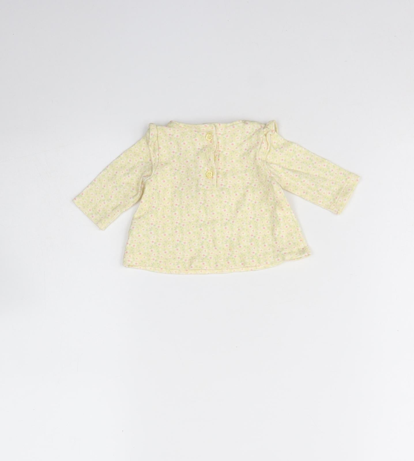Mini Club Girls Yellow Floral Cotton Basic Blouse Size 0-3 Months Round Neck Button - Small baby