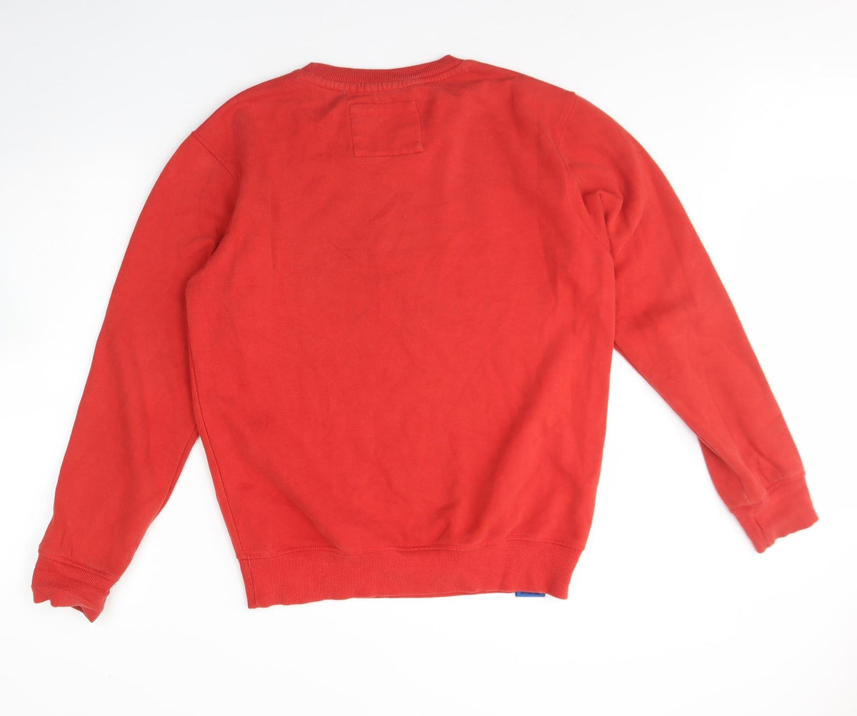 Back view of Diverse men’s red round neck cotton jumper, size M