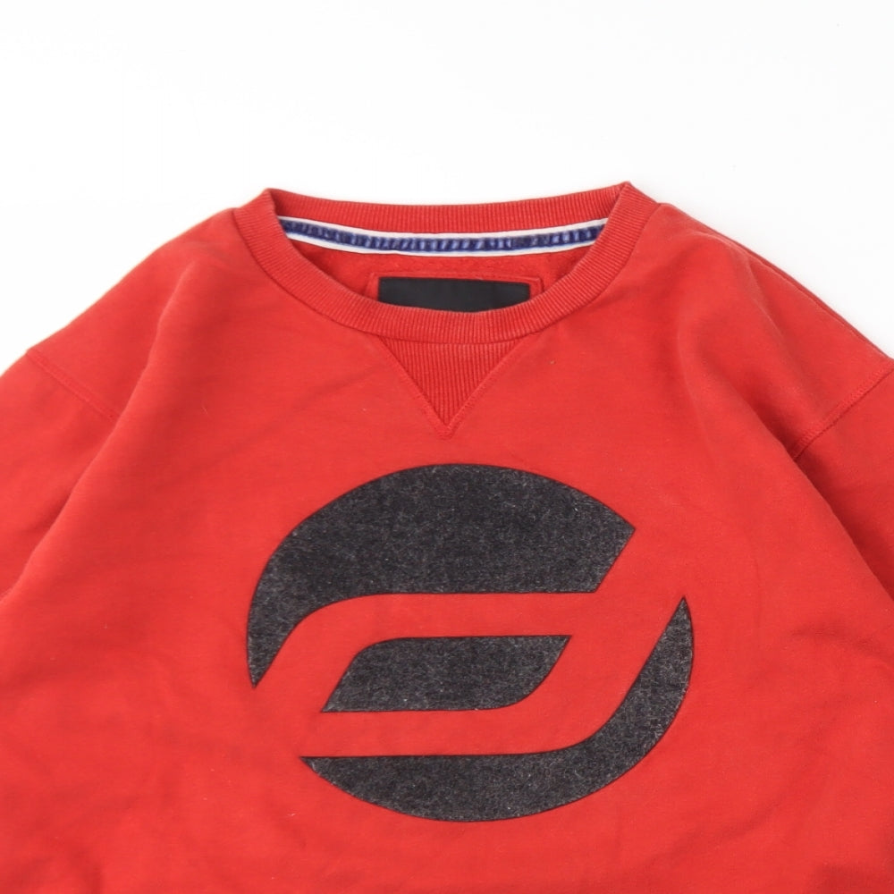 Close-up detail of Diverse men’s red round neck cotton jumper, size M