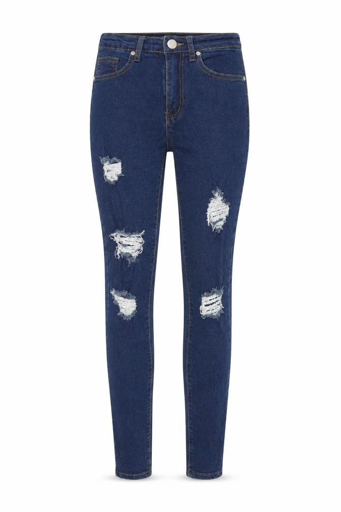 Front view of Boohoo women’s blue cotton skinny jeans, size UK 6, 27-inch leg regular