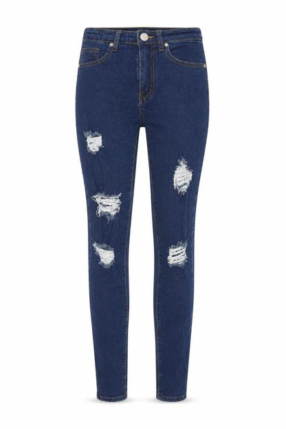 Front view of Boohoo women’s blue cotton skinny jeans, size UK 6, 27-inch leg regular