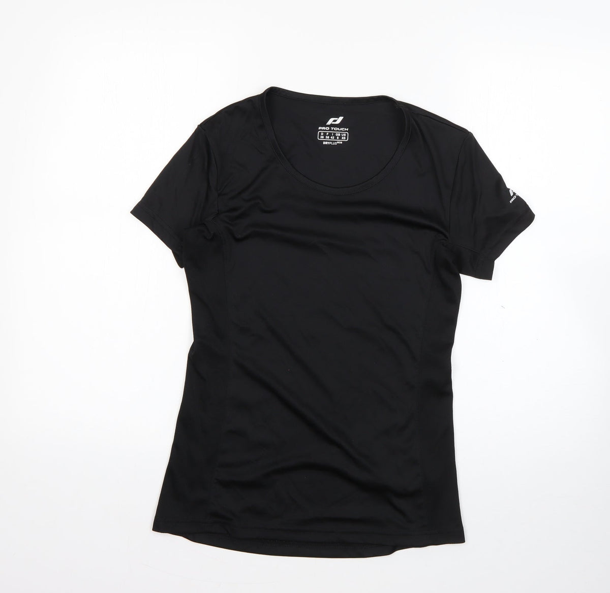 Additional front view of PRO TOUCH women’s black 100% polyester basic t-shirt, size UK 8, round neck