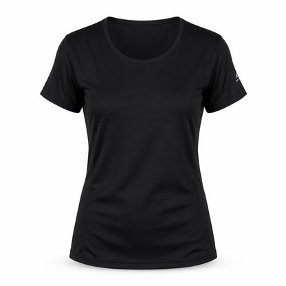 Front view of PRO TOUCH women’s black 100% polyester basic t-shirt, size UK 8, round neck