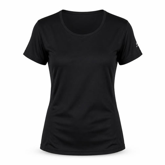 Front view of PRO TOUCH women’s black 100% polyester basic t-shirt, size UK 8, round neck