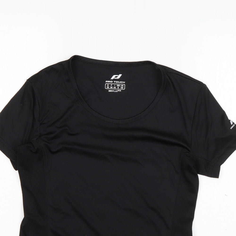 Close-up detail of PRO TOUCH women’s black 100% polyester basic t-shirt, size UK 8, round neck