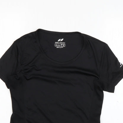 Close-up detail of PRO TOUCH women’s black 100% polyester basic t-shirt, size UK 8, round neck