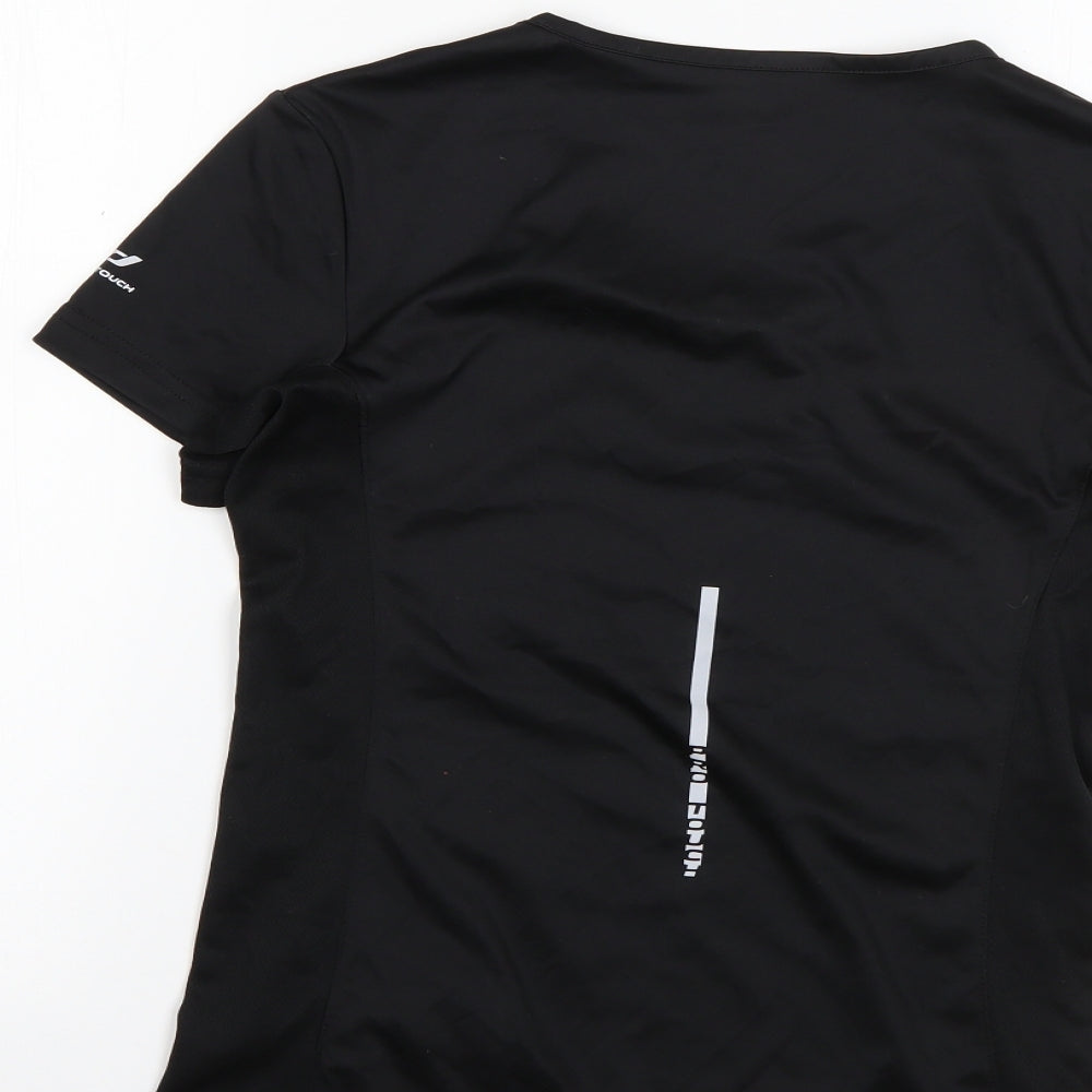 Brand and care label for PRO TOUCH women’s black 100% polyester basic t-shirt, size UK 8, round neck