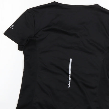 Brand and care label for PRO TOUCH women’s black 100% polyester basic t-shirt, size UK 8, round neck