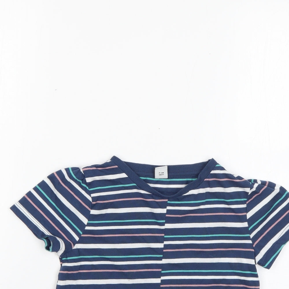 Close-up detail of Tu girls’ multicoloured striped polyester basic t-shirt, size 7, years round neck