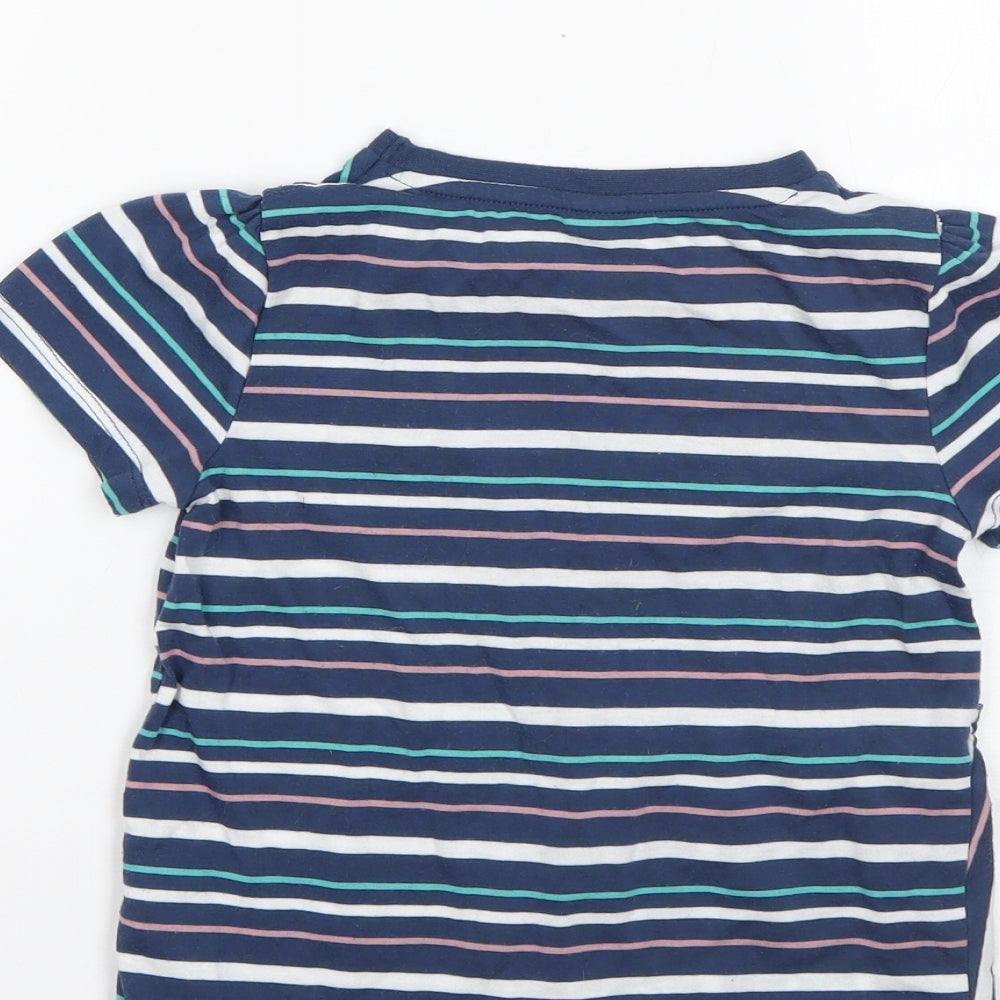 Brand and care label for Tu girls’ multicoloured striped polyester basic t-shirt, size 7, years round neck