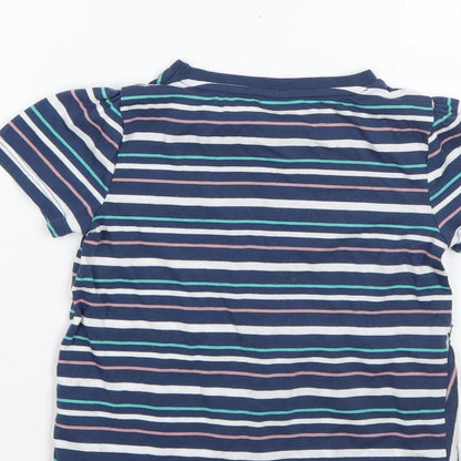 Brand and care label for Tu girls’ multicoloured striped polyester basic t-shirt, size 7, years round neck