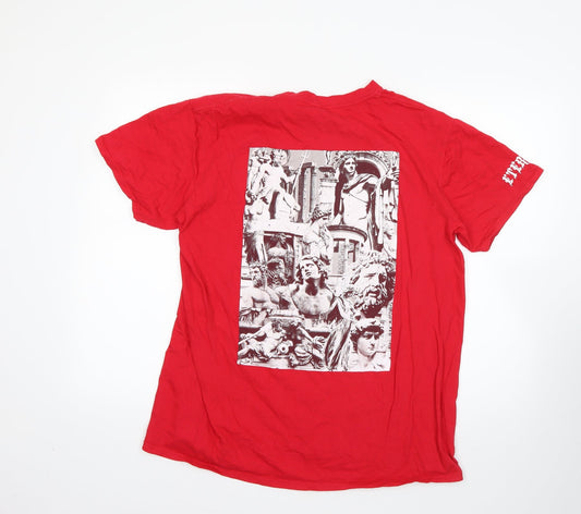 Preworn Mens Red Geometric Cotton  T-Shirt Size L Round Neck