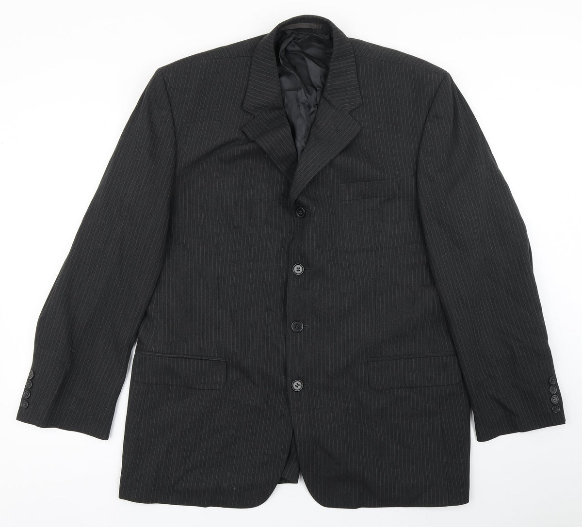Additional front view of Jonathon Adams men’s black striped polyester jacket blazer, size 42