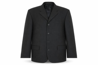 Front view of Jonathon Adams men’s black striped polyester jacket blazer, size 42