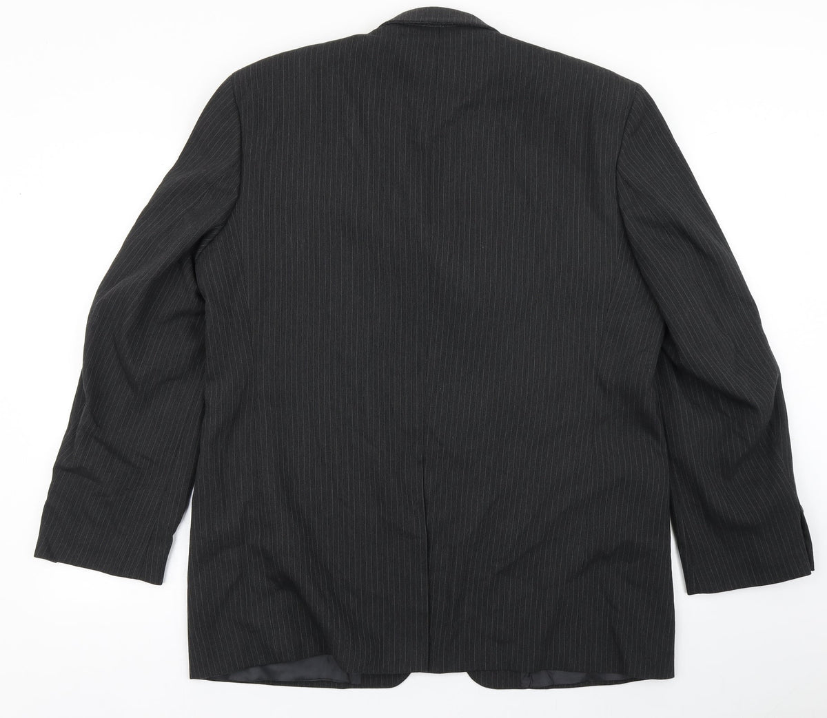 Back view of Jonathon Adams men’s black striped polyester jacket blazer, size 42