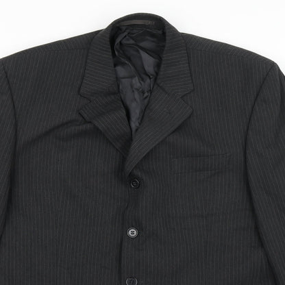 Close-up detail of Jonathon Adams men’s black striped polyester jacket blazer, size 42