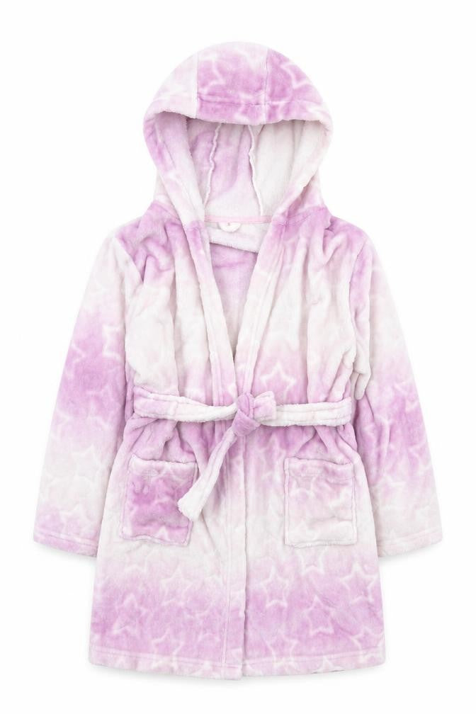 Front view of Matalan girls’ purple spotted polyester top robe, size 11, years tie - ombre