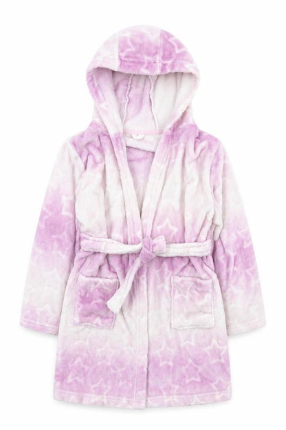 Front view of Matalan girls’ purple spotted polyester top robe, size 11, years tie - ombre