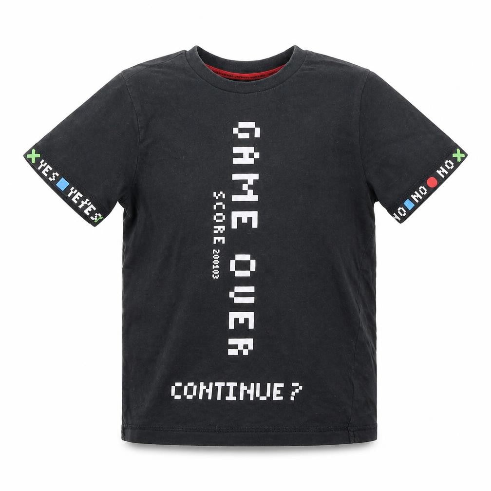 Front view of George boys’ black cotton basic t-shirt, size 5-6, years crew neck - game over