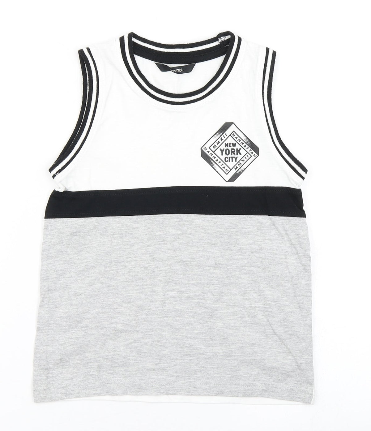Additional front view of George boys’ grey colourblock cotton basic tank, size 5-6, years crew neck
