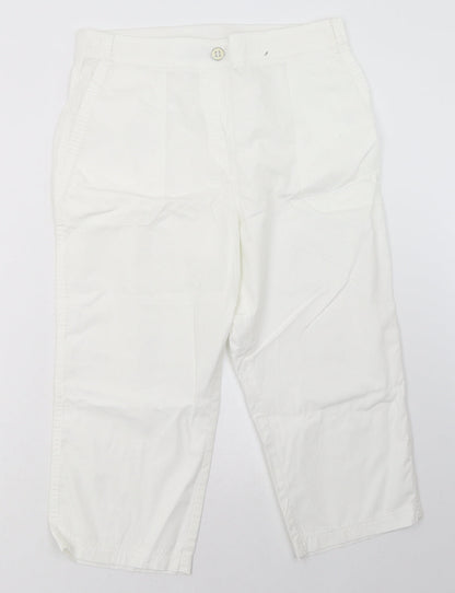 bonmarch Womens White  Cotton Cropped Trousers Size 12 L22 in Regular Button