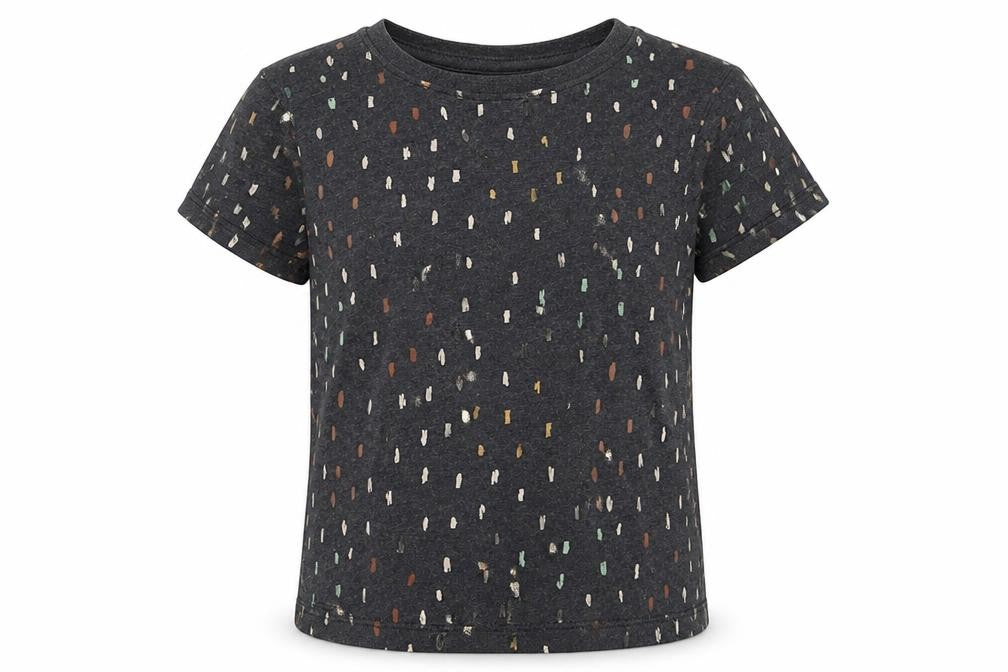 Front view of hullabaloo girls’ grey polka dot cotton basic t-shirt, size 5-6, years crew neck pullover