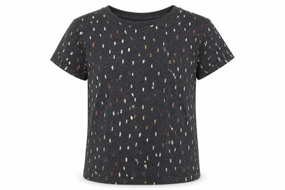 Front view of hullabaloo girls’ grey polka dot cotton basic t-shirt, size 5-6, years crew neck pullover