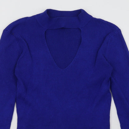 Close-up detail of Debenhams women’s blue viscose pullover sweatshirt, size UK 12, pullover