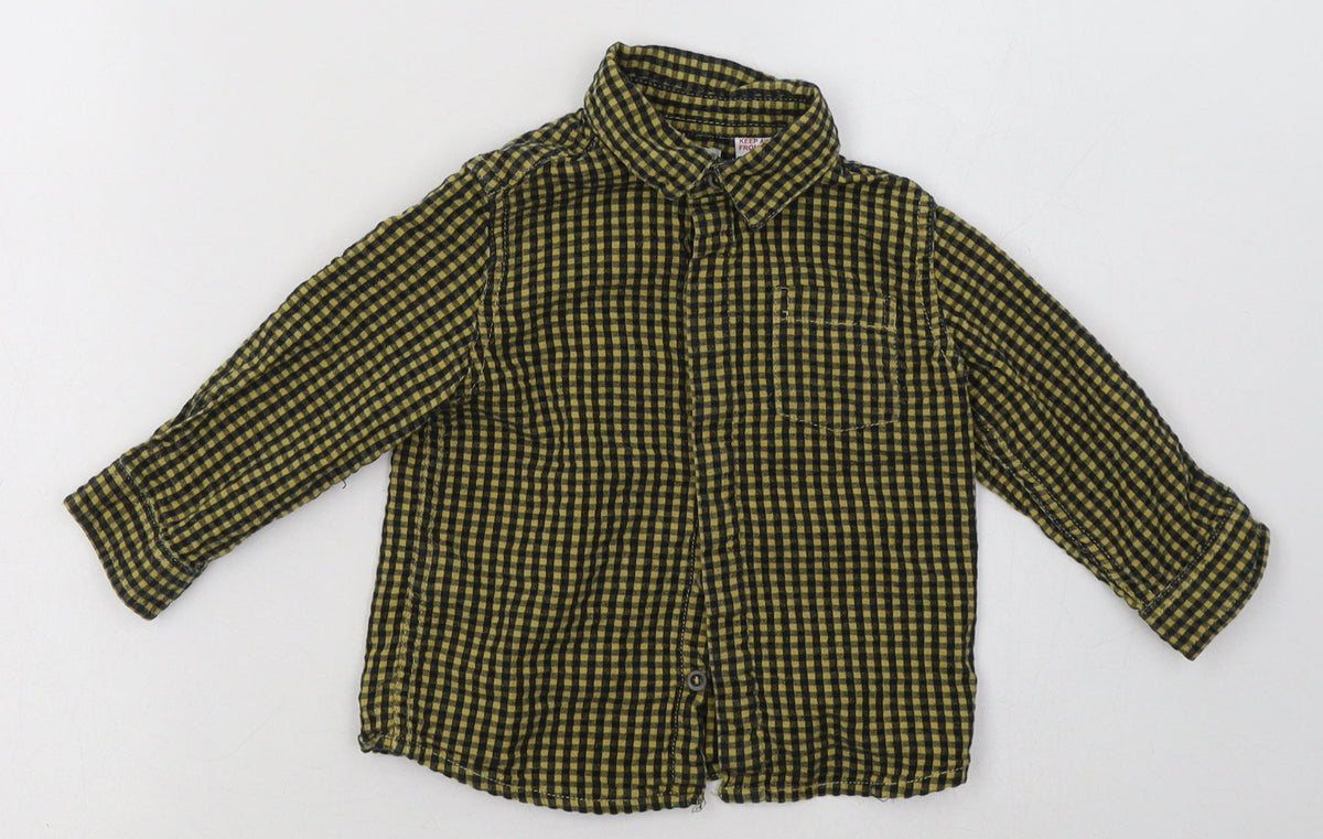 Additional front view of Mango boys’ yellow check cotton basic button-up, size 0-3, months collared button